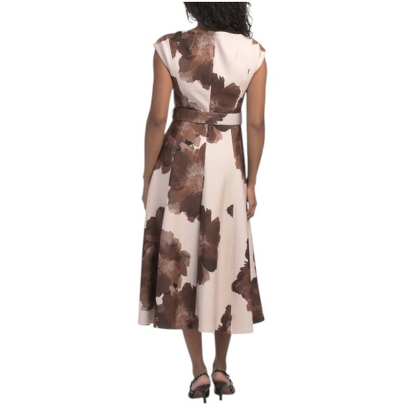 CALVIN KLEIN Belted V-neck Floral Scuba Midi Dress - Picture 2 of 2
